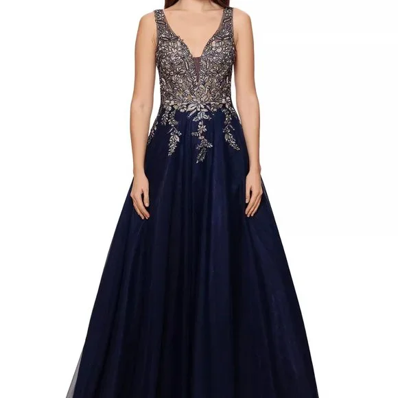xscape embroidered lace v-back dress Metallic Floral Brocade Off the Shoulder Ball Gown In Blue/Gold